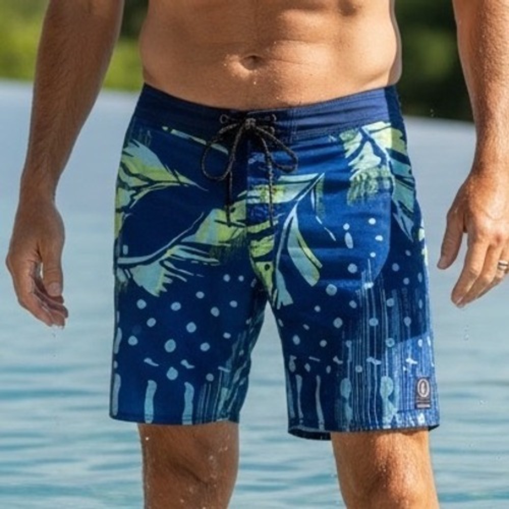 Volcom Mod-Tech Mens Board Shorts Size 32 Blue Tropical Leaf Print Swim‎ Trunks